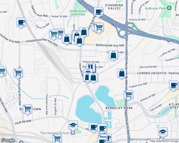 map of restaurants, bars, coffee shops, grocery stores, and more near 777 Forrest Street Northwest in Atlanta