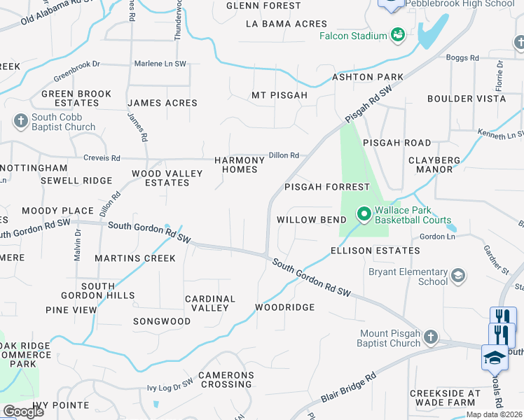 map of restaurants, bars, coffee shops, grocery stores, and more near 6555 Pisgah Road Southwest in Austell