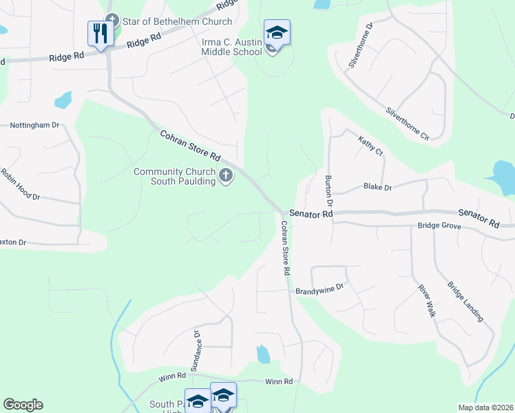 map of restaurants, bars, coffee shops, grocery stores, and more near 76 Hale Haven Drive in Douglasville