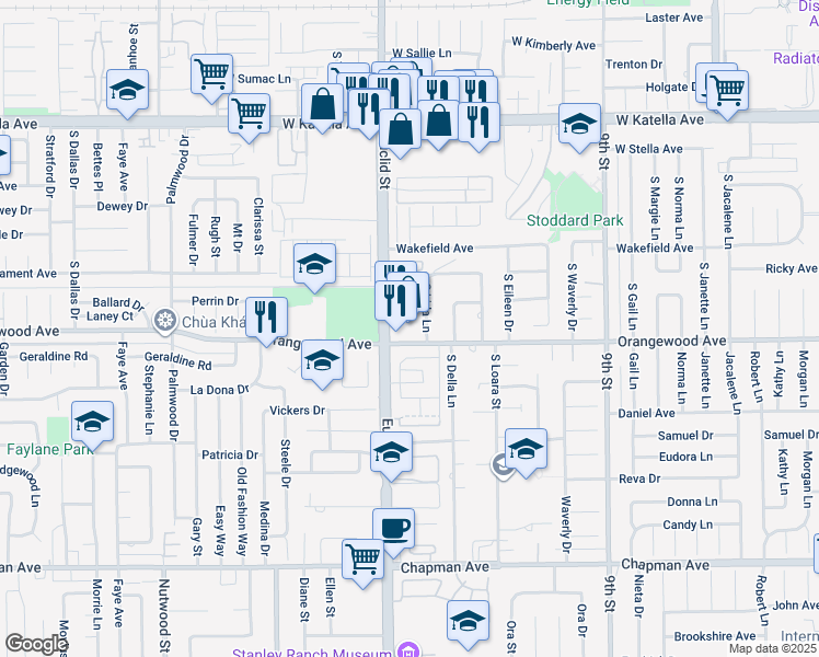 map of restaurants, bars, coffee shops, grocery stores, and more near 2060 South Euclid Street in Anaheim