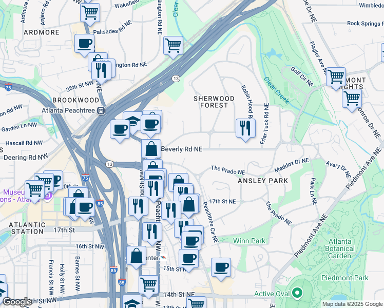 map of restaurants, bars, coffee shops, grocery stores, and more near 79 Beverly Road Northeast in Atlanta