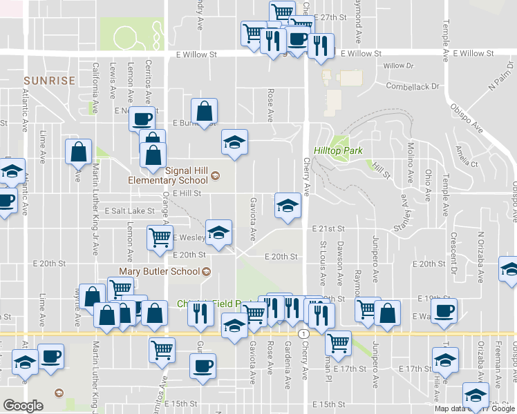 map of restaurants, bars, coffee shops, grocery stores, and more near 2151 North Kelley Drive in Signal Hill