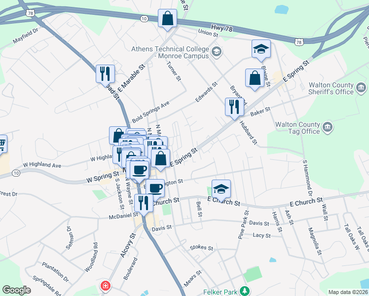 map of restaurants, bars, coffee shops, grocery stores, and more near 415 East Spring Street in Monroe
