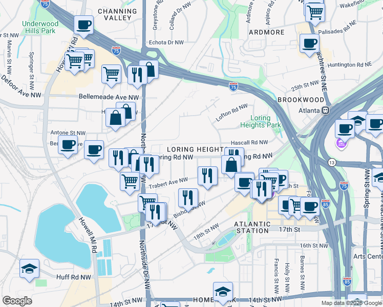 map of restaurants, bars, coffee shops, grocery stores, and more near 487 Deering Road Northwest in Atlanta