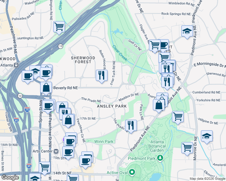 map of restaurants, bars, coffee shops, grocery stores, and more near 235 Beverly Road Northeast in Atlanta