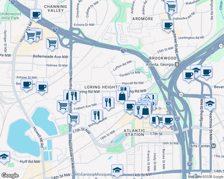 map of restaurants, bars, coffee shops, grocery stores, and more near 423 Deering Road Northwest in Atlanta