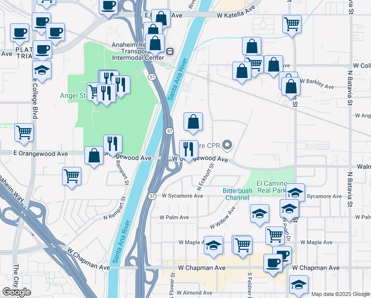 map of restaurants, bars, coffee shops, grocery stores, and more near 2211 West Orangewood Avenue in Orange