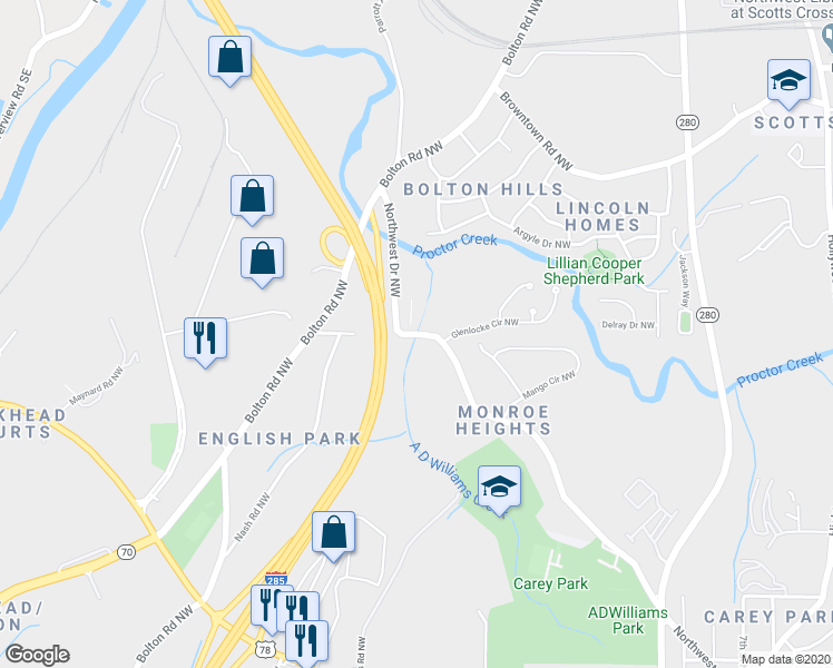 map of restaurants, bars, coffee shops, grocery stores, and more near 1469-1535 Northwest Dr NW in Atlanta