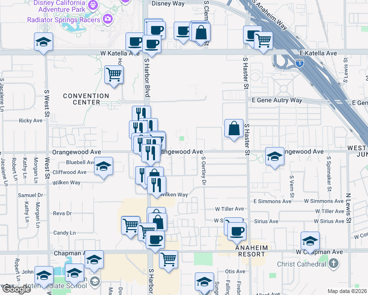 map of restaurants, bars, coffee shops, grocery stores, and more near 401 West Orangewood Avenue in Anaheim