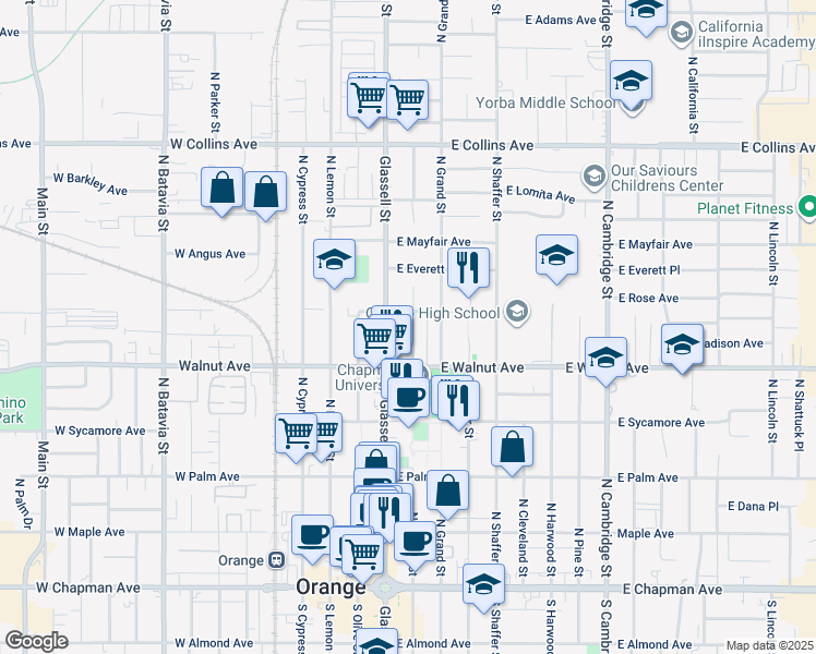 map of restaurants, bars, coffee shops, grocery stores, and more near 572 North Orange Street in Orange