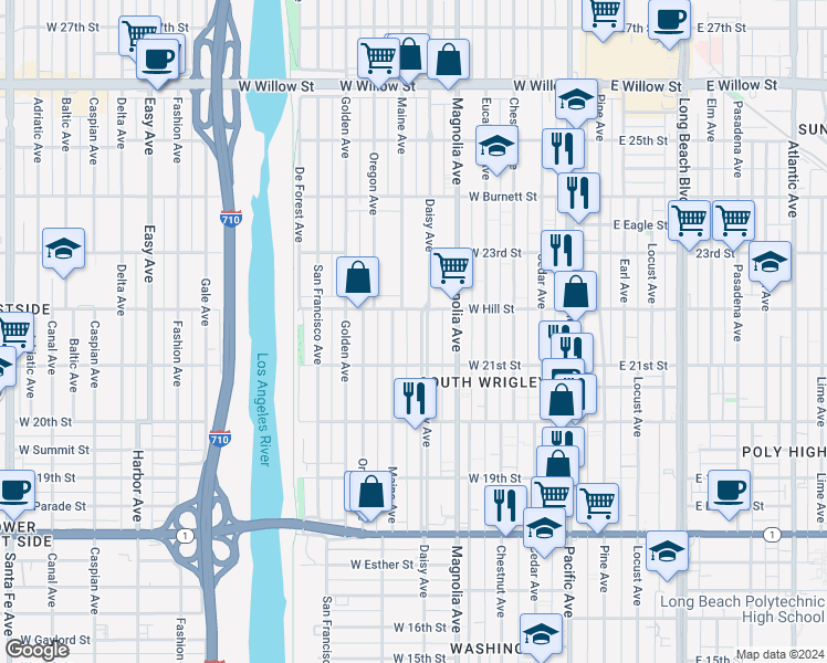 map of restaurants, bars, coffee shops, grocery stores, and more near 2161 Daisy Ave in Long Beach