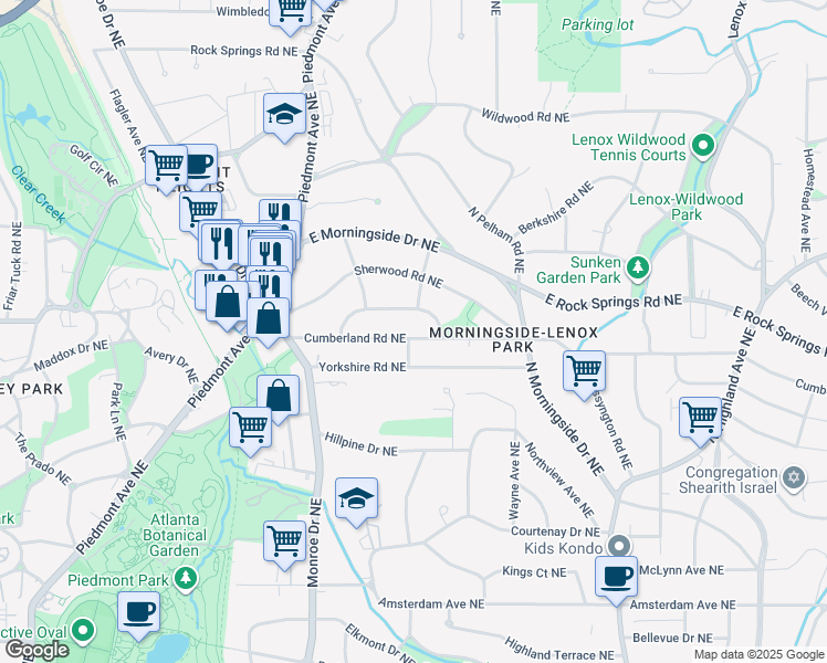 map of restaurants, bars, coffee shops, grocery stores, and more near 726 Cumberland Road Northeast in Atlanta
