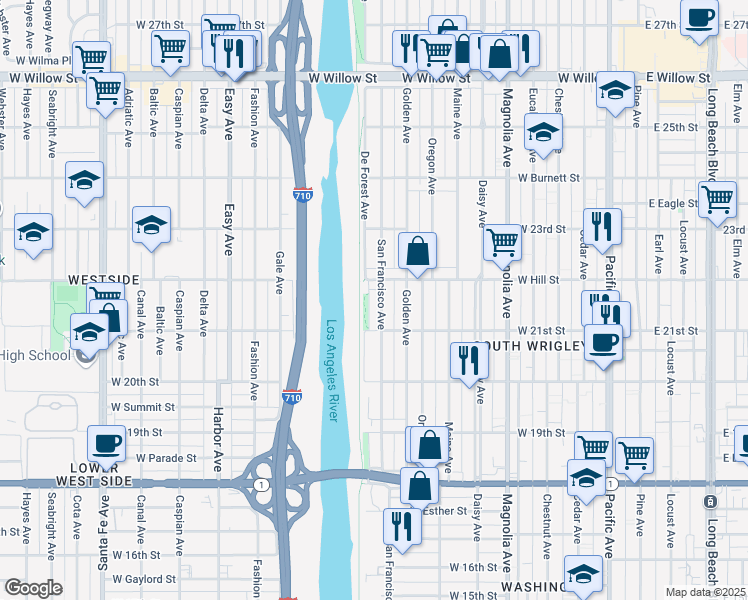 map of restaurants, bars, coffee shops, grocery stores, and more near 2161 San Francisco Avenue in Long Beach