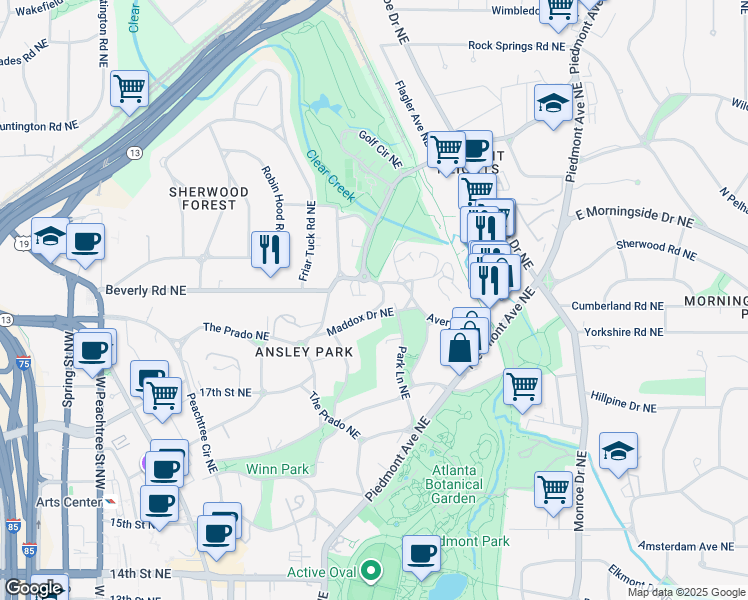 map of restaurants, bars, coffee shops, grocery stores, and more near 18 Polo Drive Northeast in Atlanta