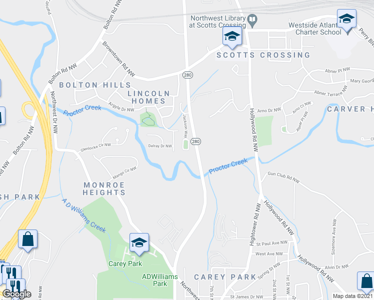 map of restaurants, bars, coffee shops, grocery stores, and more near 1696 Jackson Square Northwest in Atlanta