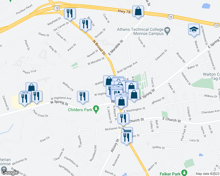 map of restaurants, bars, coffee shops, grocery stores, and more near 207 North Wayne Street in Monroe