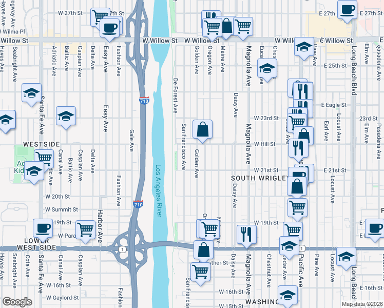 map of restaurants, bars, coffee shops, grocery stores, and more near 2161 Golden Avenue in Long Beach