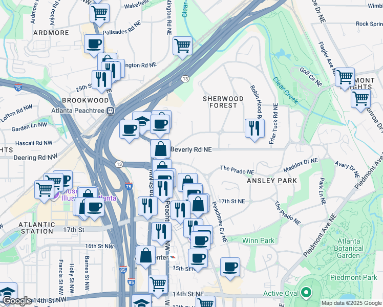 map of restaurants, bars, coffee shops, grocery stores, and more near 55 Beverly Road Northeast in Atlanta
