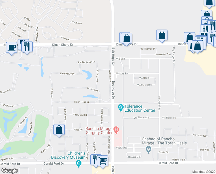 map of restaurants, bars, coffee shops, grocery stores, and more near 25 Augusta Drive in Rancho Mirage