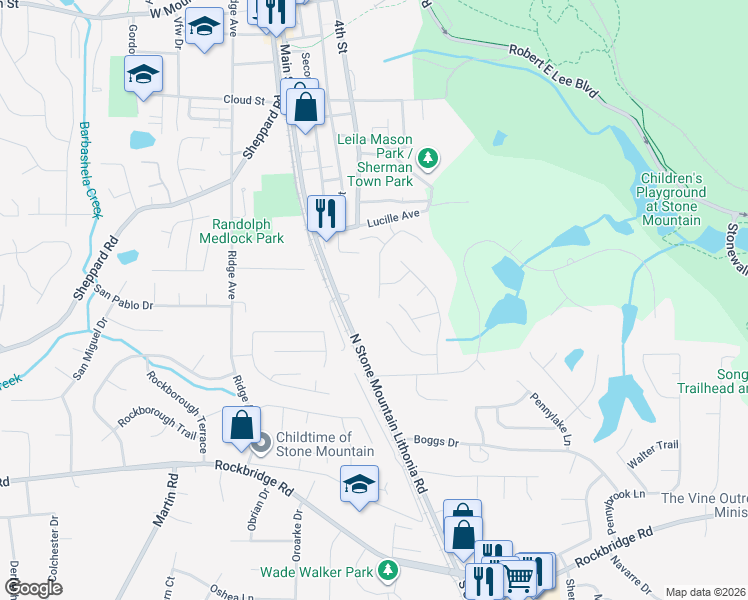 map of restaurants, bars, coffee shops, grocery stores, and more near 674 Pepperwood Trail in Stone Mountain