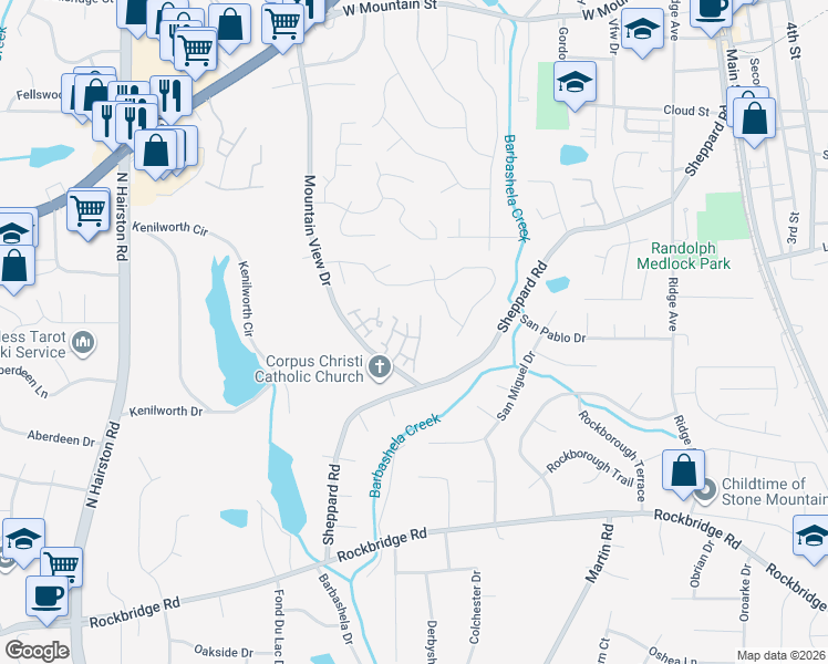 map of restaurants, bars, coffee shops, grocery stores, and more near 624 Garden Walk Drive in Stone Mountain