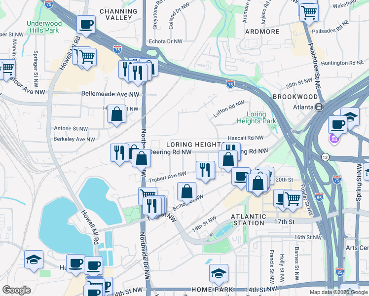 map of restaurants, bars, coffee shops, grocery stores, and more near 507 Deering Road Northwest in Atlanta