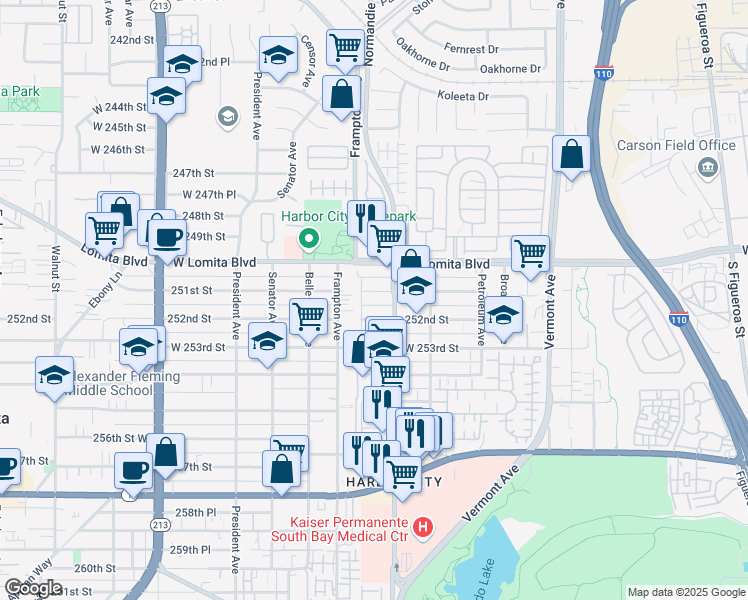 map of restaurants, bars, coffee shops, grocery stores, and more near 1240 251st Street in Los Angeles