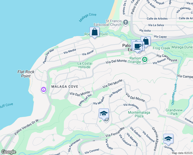 map of restaurants, bars, coffee shops, grocery stores, and more near 801 Vía Somonte in Palos Verdes Estates