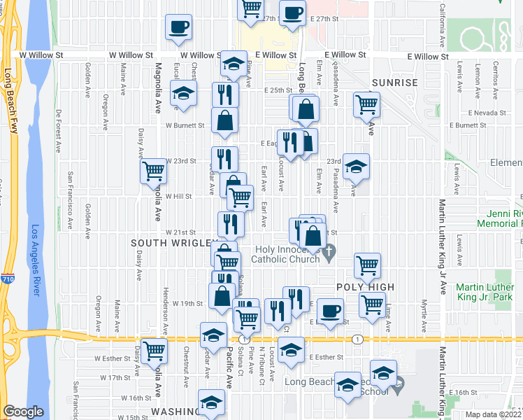 map of restaurants, bars, coffee shops, grocery stores, and more near 2163 Earl Avenue in Long Beach