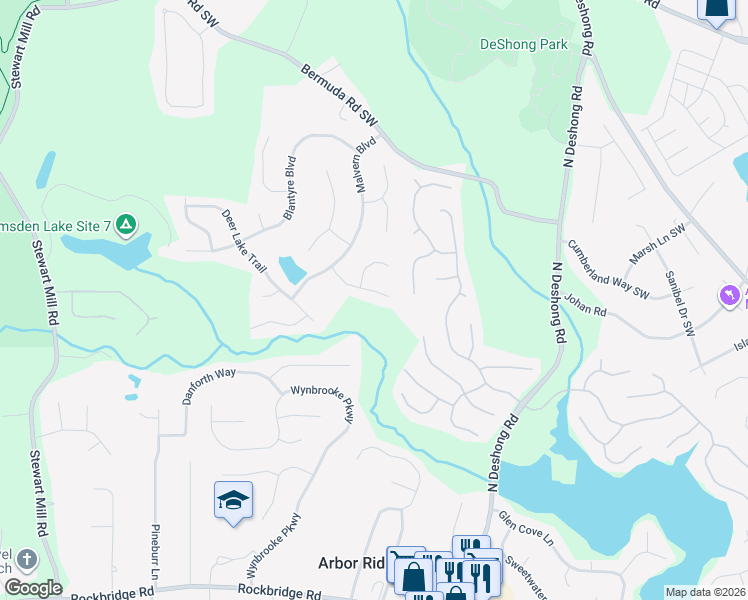 map of restaurants, bars, coffee shops, grocery stores, and more near 6937 Springbank Way in Stone Mountain