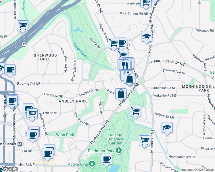 map of restaurants, bars, coffee shops, grocery stores, and more near 99 Avery Drive Northeast in Atlanta