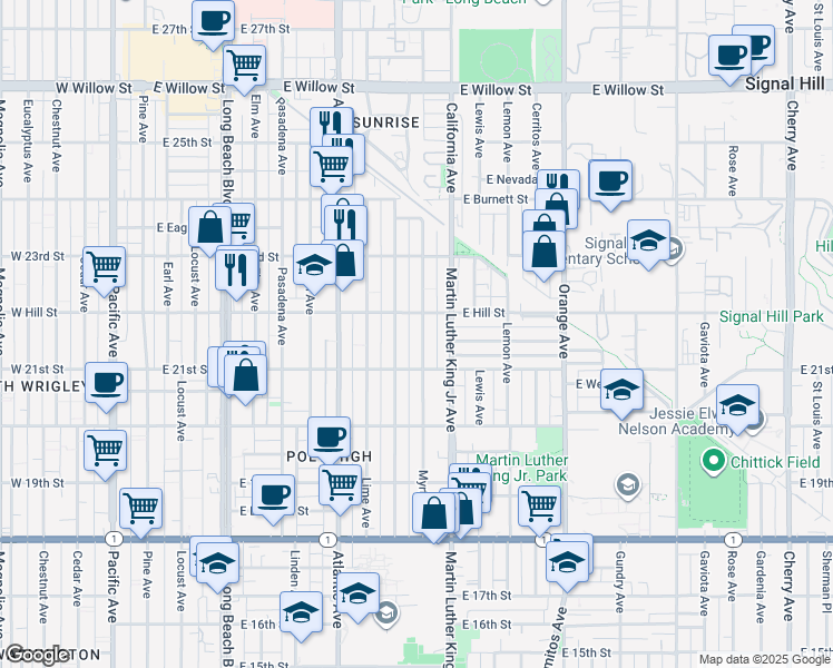 map of restaurants, bars, coffee shops, grocery stores, and more near 2165 Myrtle Avenue in Long Beach