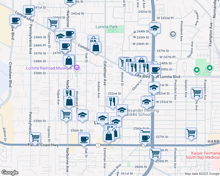 map of restaurants, bars, coffee shops, grocery stores, and more near 25110 Eshelman Avenue in Lomita