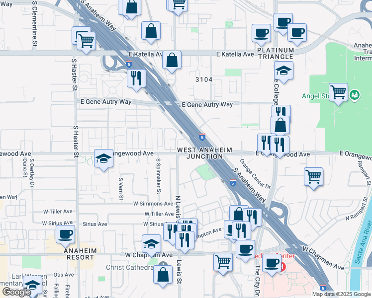 map of restaurants, bars, coffee shops, grocery stores, and more near 915 East Orangewood Avenue in Anaheim