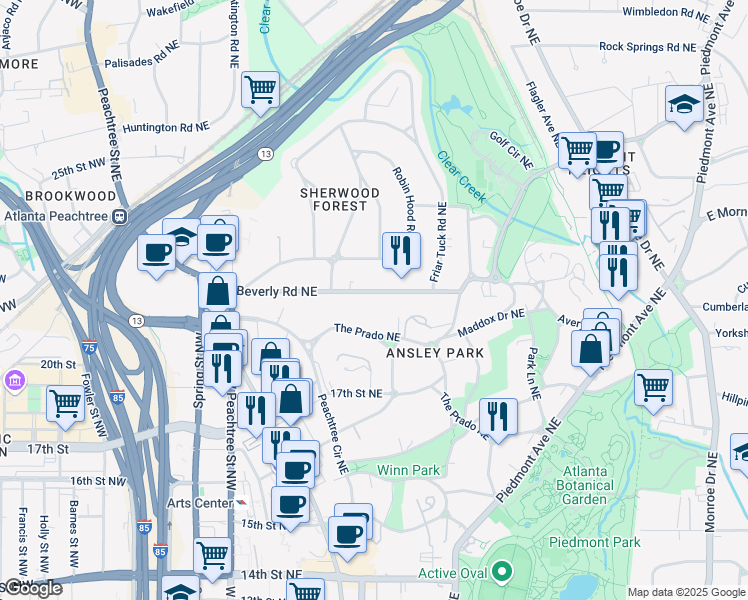 map of restaurants, bars, coffee shops, grocery stores, and more near 171 Beverly Road Northeast in Atlanta
