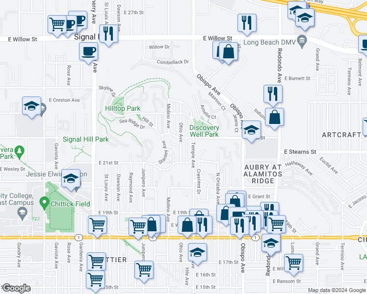 map of restaurants, bars, coffee shops, grocery stores, and more near 2164 Ohio Avenue in Signal Hill