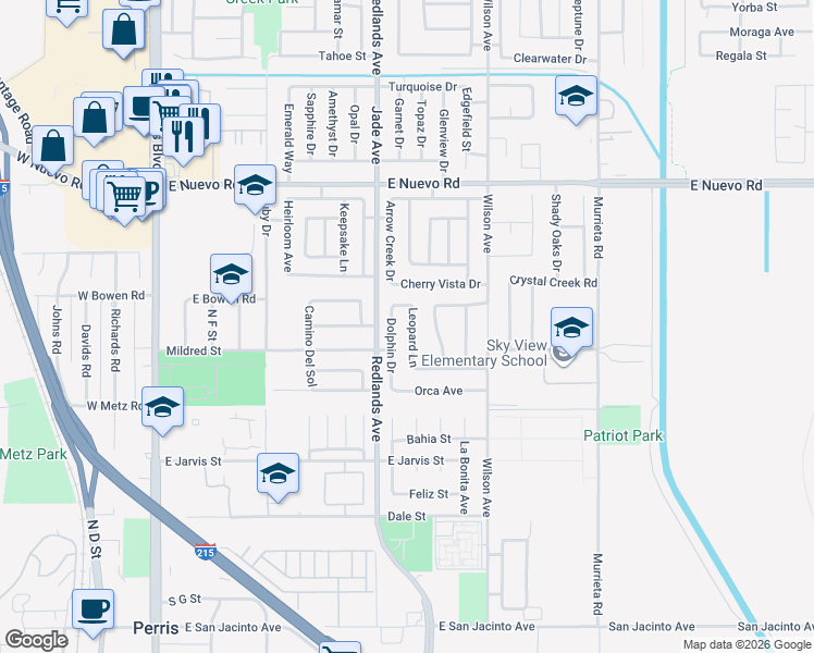 map of restaurants, bars, coffee shops, grocery stores, and more near 1182 Leopard Lane in Perris