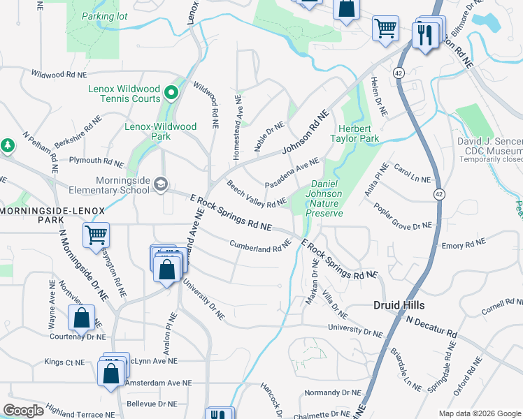 map of restaurants, bars, coffee shops, grocery stores, and more near 1241 Beech Valley Road Northeast in Atlanta