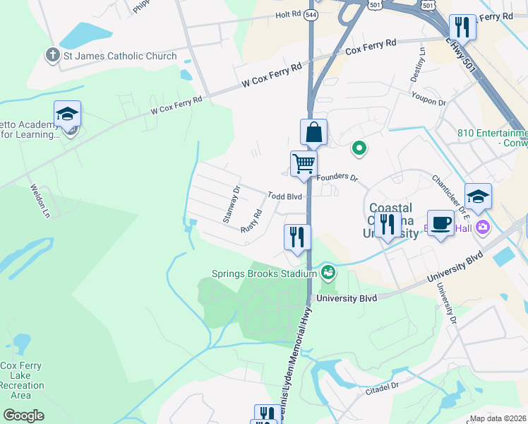 map of restaurants, bars, coffee shops, grocery stores, and more near 608 Rusty Road in Conway