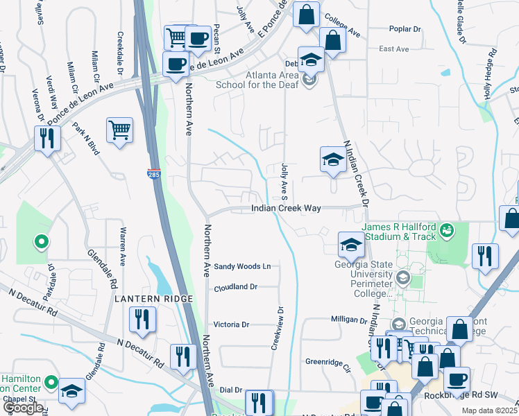 map of restaurants, bars, coffee shops, grocery stores, and more near 3531 Indian Creek Way in Clarkston