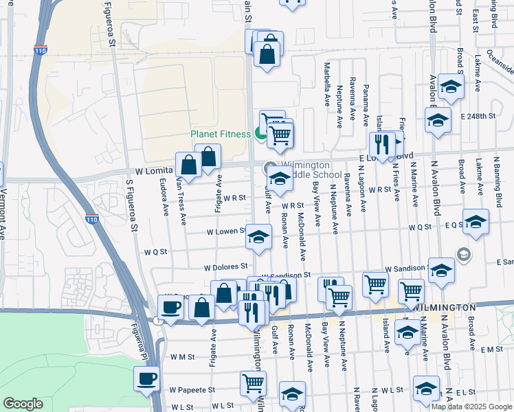 map of restaurants, bars, coffee shops, grocery stores, and more near 1658 Wilmington Boulevard in Los Angeles