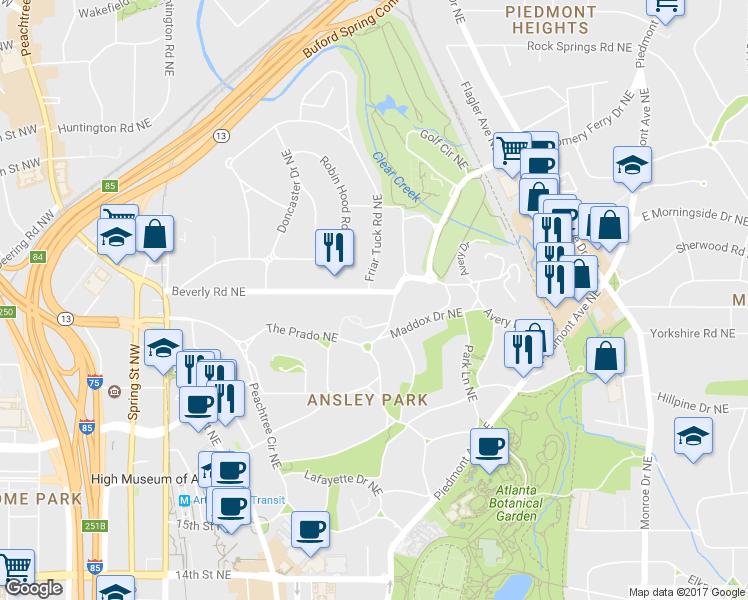 map of restaurants, bars, coffee shops, grocery stores, and more near 251 Beverly Road Northeast in Atlanta
