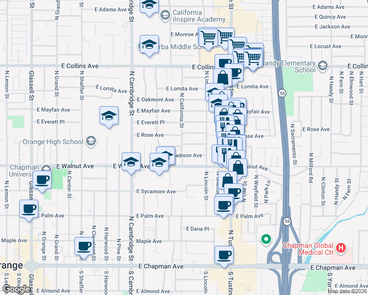 map of restaurants, bars, coffee shops, grocery stores, and more near 583 North California Street in Orange