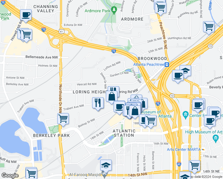 map of restaurants, bars, coffee shops, grocery stores, and more near 383 Deering Road Northwest in Atlanta