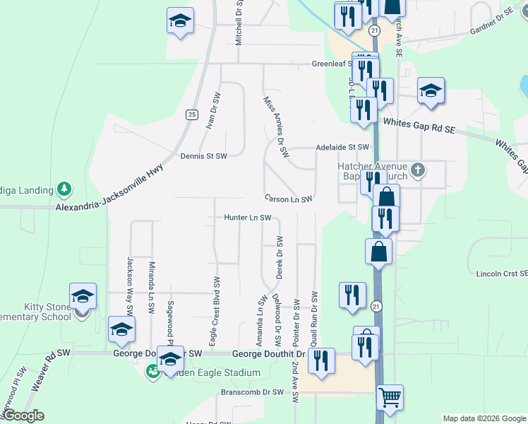 map of restaurants, bars, coffee shops, grocery stores, and more near 501 Hunter Lane Southwest in Jacksonville