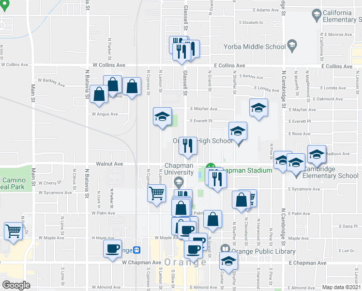 map of restaurants, bars, coffee shops, grocery stores, and more near 576 North Glassell Street in Orange