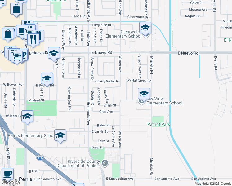 map of restaurants, bars, coffee shops, grocery stores, and more near 1187 White Tip Lane in Perris