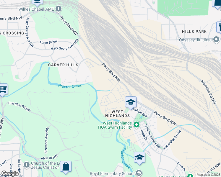 map of restaurants, bars, coffee shops, grocery stores, and more near 2090 Drew Drive in Atlanta