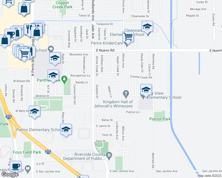 map of restaurants, bars, coffee shops, grocery stores, and more near 1183 Mako Lane in Perris