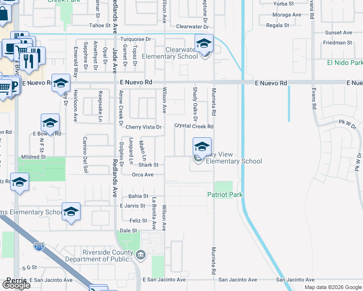 map of restaurants, bars, coffee shops, grocery stores, and more near 1204 Hollowood Court in Perris